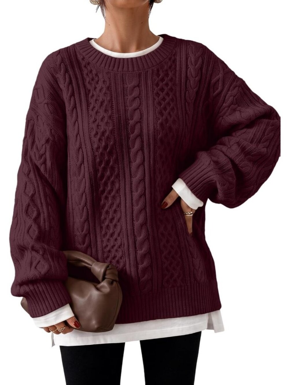Women's Wine Crewneck Cozy Warm Winter Clothes Oversized Cable Knit Sweaters